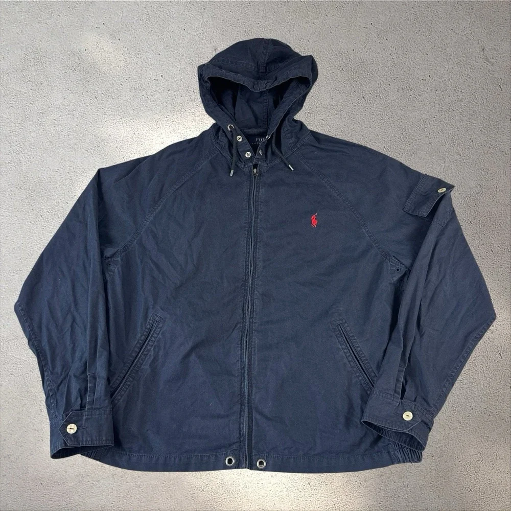 POLO RALPH LAUREN Navy Blue Poplin Full Zip Jacket XL Hooded Cotton Blend Smock